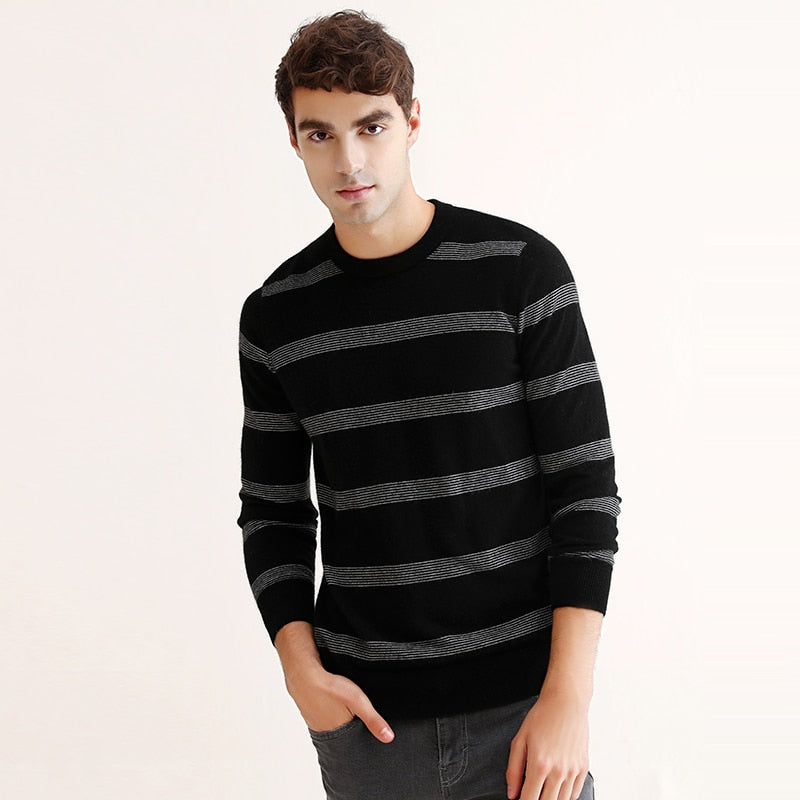 ZHILI 2018 New Autumn Winter O-Neck Black And Gray Striped Cashmere Sweater