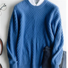 Load image into Gallery viewer, high grade pure cashmere knit men fashion solid Oneck loose thick pullover sweater blue 6color S-2XL
