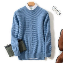 Load image into Gallery viewer, high grade pure cashmere knit men fashion solid Oneck loose thick pullover sweater blue 6color S-2XL