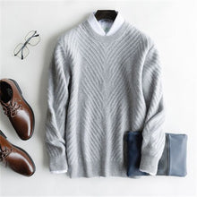 Load image into Gallery viewer, high grade pure cashmere knit men fashion solid Oneck loose thick pullover sweater blue 6color S-2XL