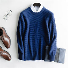 Load image into Gallery viewer, high grade pure cashmere knit men fashion solid Oneck loose thick pullover sweater blue 6color S-2XL