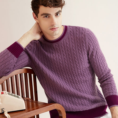 ZHILI Men's Crew Neck Stitching Color Cashmere Sweater